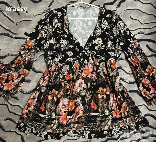 Макси дамска блуза на цветя с къдри (размер ХЛ)