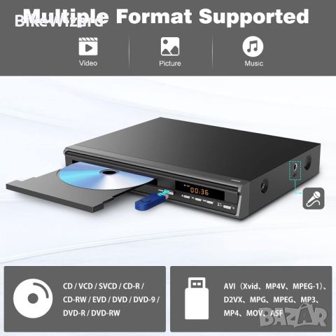 Maite DVD плейър HDMI AV порт USB ,вход за микрофон, поддръжка на NTSC PAL система, снимка 3 - Друга електроника - 46220156