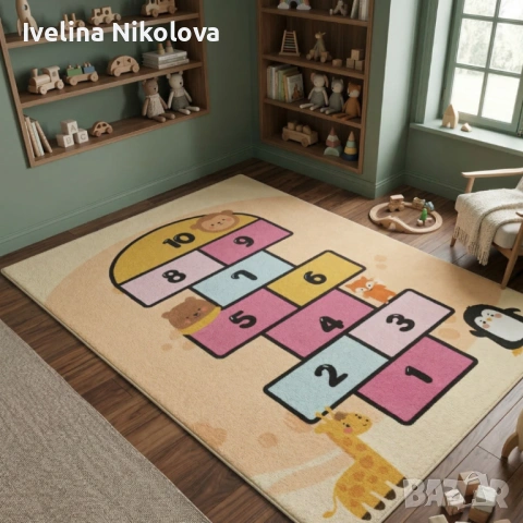 Детски килим за игра 120х160см - Пясъчен килим с жирав и розова дама, противоплъзгащ и миещ се, снимка 2 - Килими - 53934311