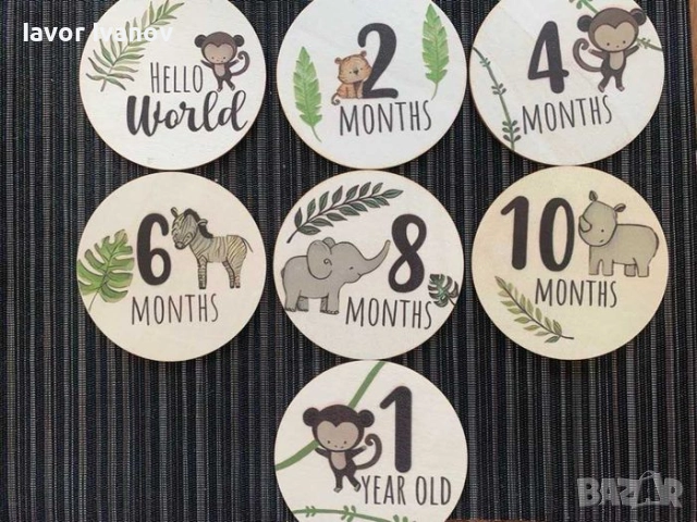 Дървени табелки "Джунгла" за месечинка на бебе, снимка 2 - Други - 51432588