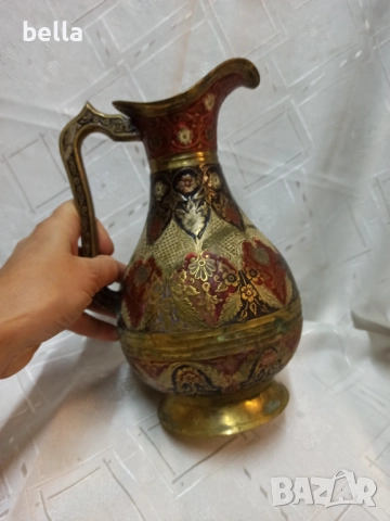 Масивна голяма  месингова кана, украсена със сложни цветни емайлирани и златни шарки-емайлираните де, снимка 6 - Антикварни и старинни предмети - 52771791