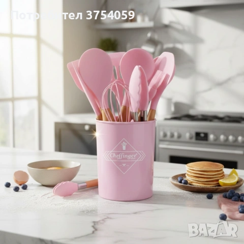 Комплект 12 части кухненски прибори със стойка Cheffinger – силиконови накрайници, дървени дръжки, снимка 5 - Прибори за хранене, готвене и сервиране - 53174040