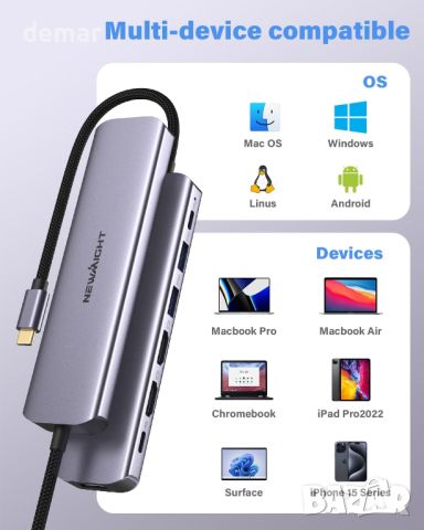 USB C към HDMI адаптер, Newmight 7 в 1 USB C докинг станция с 2 HDMI, 3 USB3.0, 100 W PD, USB C 3.0, снимка 8 - Друга електроника - 45685865