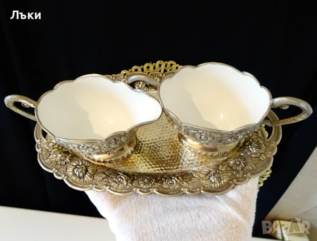 Посребрена каничка,захарница и поднос,рози,барок. , снимка 3 - Антикварни и старинни предмети - 52860398