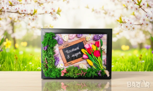 Картина 8-ми Март декорирана със скандинавски мъх