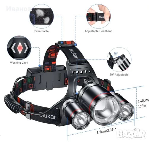 LED акумулаторен челник Blukar, супер ярък 8000 лумена с 5 режима и червена светлина, IPX6, снимка 7 - Къмпинг осветление - 49340809