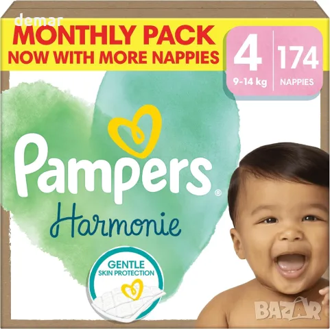 Бебешки пелени Pampers Harmonie Размер 4, 174 пелени, 9 кг-14 кг, месечна опаковка, снимка 1 - Пелени, памперси - 48224525