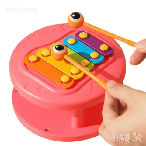 Охлювче за дърпане - 4 в 1 - ксилофон - в розов и зелен цвят, снимка 4 - Образователни игри - 51119479