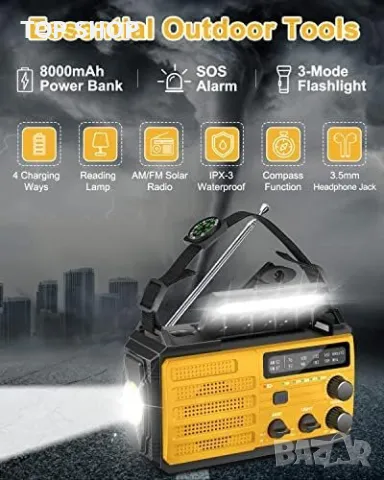 Ново Аварийно Радио 8000mAh с Фенер и SOS Аларма за Къмпинг и Спешни Случаи, снимка 2 - Друга електроника - 49945105