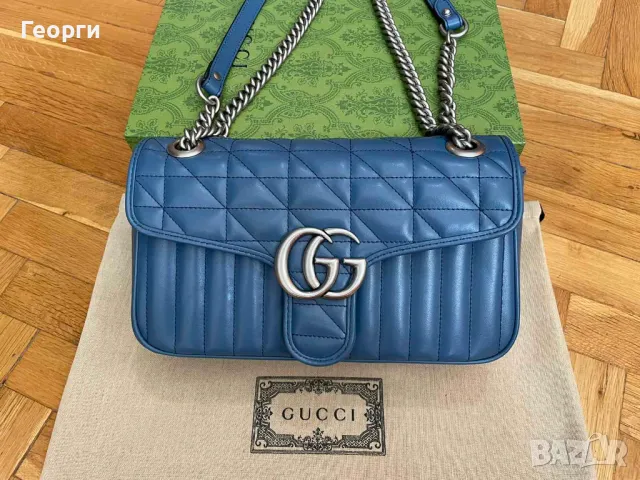 Gucci Малка Чанта Marmont Гучи Синя кожa Сребърно Лого Оригинална, снимка 2 - Чанти - 47003162