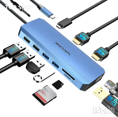USB C докинг станция за три монитора 2 HDMI+DisplayPort, WAVLINK 100 W, снимка 2 - Кабели и адаптери - 49457593