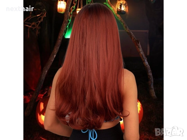 60 см омбре права перука с бретон в червеникаво-кафяв цвят, снимка 3 - Аксесоари за коса - 52627139