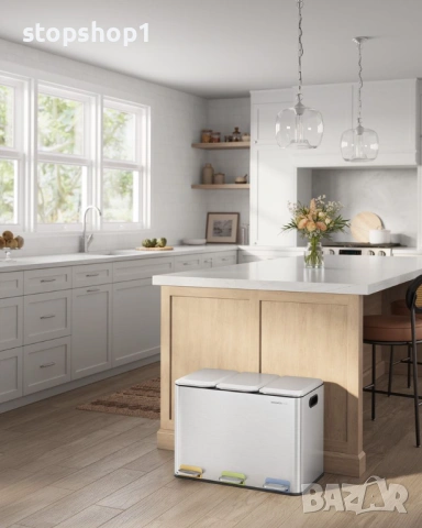 SONGMICS Троен кухненски кош за боклук 3 x 15 л с цветни педали, металик сребрист СТОМАНА , снимка 6 - Други - 53860151