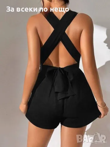 Дамски Черен Къс Летен Гащеризон С Кръстосани Презрамки Код LFS468, снимка 2 - Гащеризони - 50245663