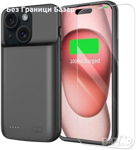 Нов Калъф батерия 7000mAh за iPhone 15 6.1" + протектор, черен кейс Айфон