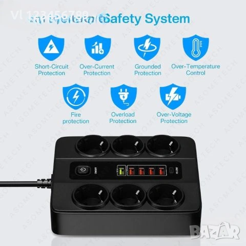 Универсален разклонител с 6 гнезда 3.4А 4 USB Порта и 1 Type-c 3000W , снимка 2 - Други стоки за дома - 53684147