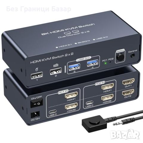 Нов 8K60Hz KVM Switch за 2 Монитора и 2 Компютъра HDMI 4 USB Устройства, снимка 1 - Друга електроника - 46436025