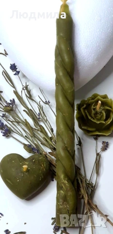 ​САКРАЛНИ СВЕЩИ С ЛАВАНДУЛА, БЯЛ РАВНЕЦ И ПАРИЧКИ — ЦВЯТ ХАКИ, снимка 3 - Езотерика - 53169616