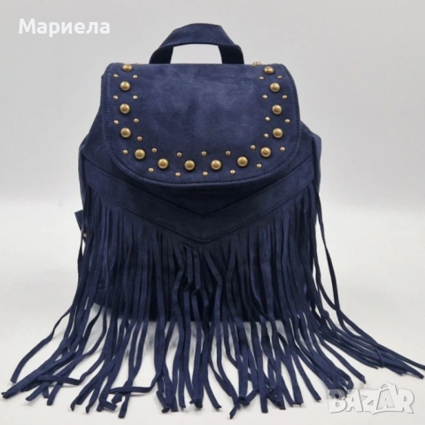 Велурена дамска раница с ресни и метални нитове – бохо стил и практичност, снимка 6 - Раници - 53342719