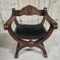 Римско кресло с дърворезба и естествена кожа, снимка 3 - Дивани и мека мебел - 45423954