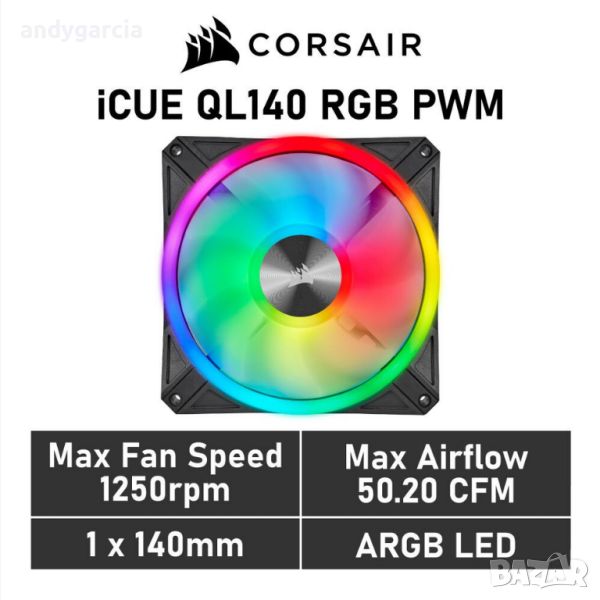 Corsair iCUE QL140 RGB 140mm PWM black светещ вентилатор с 4 зони, чисто нов, снимка 1