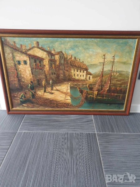 Sirokos 110х70см Сиорокос/стара гръцка голяма картина масло върху платно/морски пейзаж/рибари-лодки, снимка 1