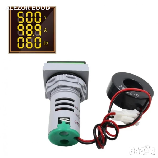 Комбиниран уред амперметър A, волтметър V и честотомер HZ, Жълт дисплей, снимка 1