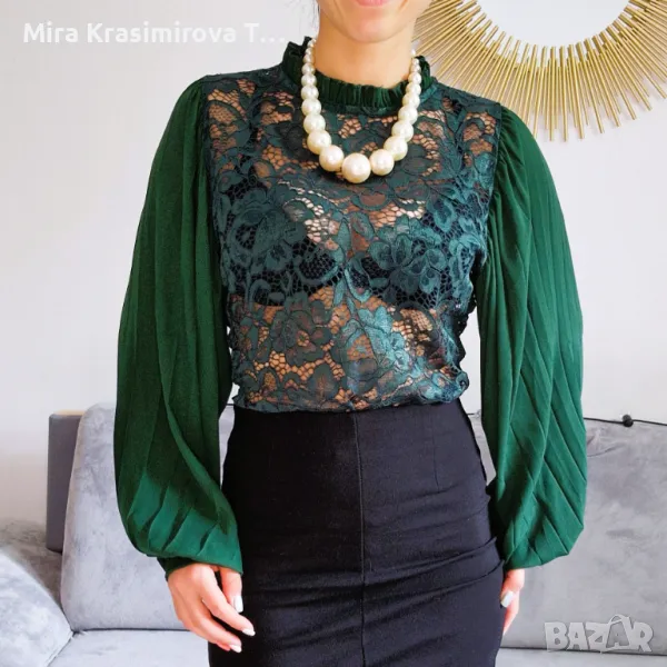 Комплект: стилна зелена блуза с дантела + огърлица, размер XS, снимка 1