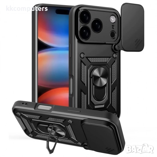 Силиконов твърд кейс bSmart Defender Slide и Протектор За iPhone 17 Pro Max (6.9), Черен, снимка 1