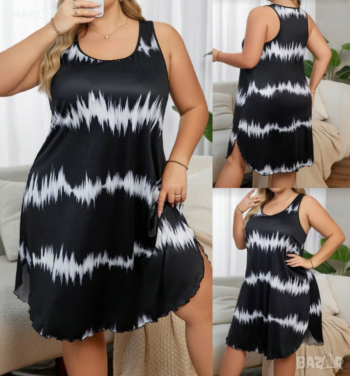 Макси модерна силно еластична рокля без ръкави в ефектен десен + оверлог краища+ мини странични изви, снимка 1