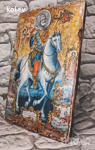Икона Свети Мина на кон със светци 30/20 см - УНИКАТ, декупаж, снимка 4 - Икони - 37177568