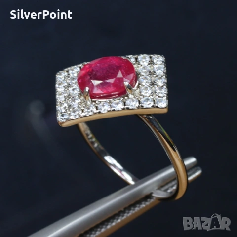 Сребърен пръстен с Vivid red Рубин и сертификат , снимка 2 - Пръстени - 53647161