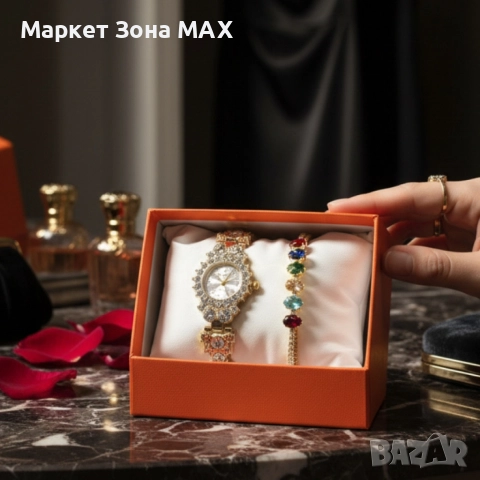 Луксозен дамски комплект – часовник с кристали + гривна с многоцветни камъни, снимка 2 - Дамски - 52931643