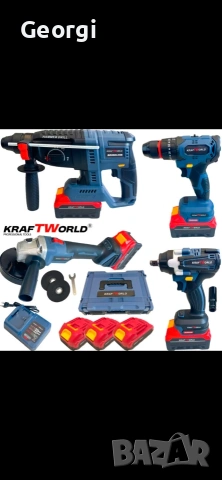 Комплект Акумулаторни Безчеткови Машини 4в1 от Ъглошлайф,Гайковерт,Винтоверт и Перфоратор 