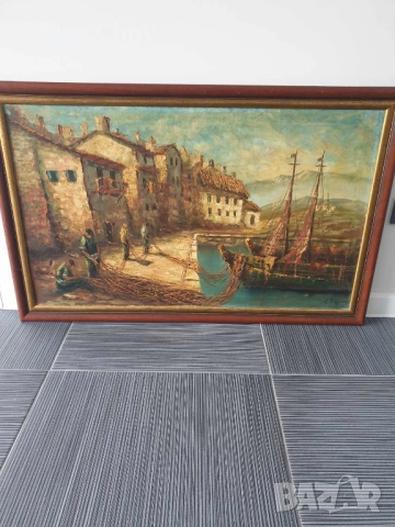 Sirokos 110х70см Сиорокос/стара гръцка голяма картина масло върху платно/морски пейзаж/рибари-лодки