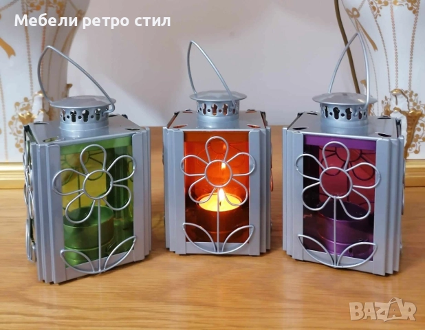 Комплект красиви декоративни фенери''Glaslaternen / Flower/ с флорален дизайн от стъкло и метал., снимка 2 - Декорация за дома - 51935697