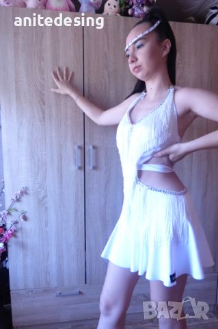Бяла  рокля за спортни танци с ресни и кристали, снимка 11 - Детски рокли и поли - 46407818