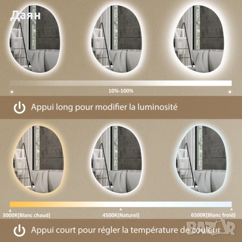 Асиметрично LED огледало за баня 70 x 50 см HOMCOM, снимка 5 - Огледала - 53452410