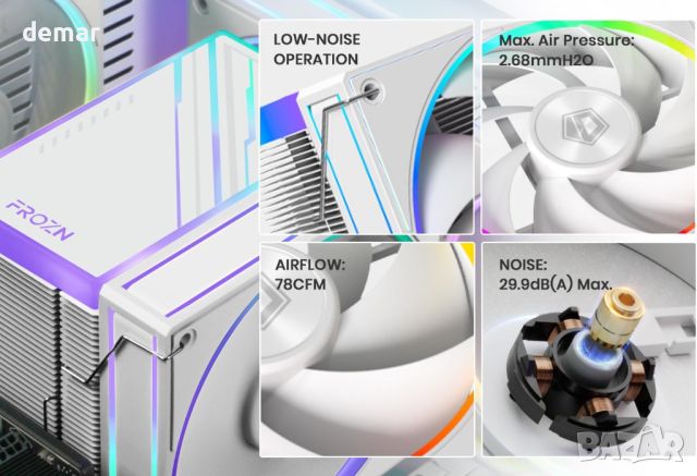 ID-COOLING FROZN A610 ARGB WHITE Въздушен охладител за процесор 6 топлинни тръби, 120 мм FDB вентила, снимка 5 - Други - 45620224