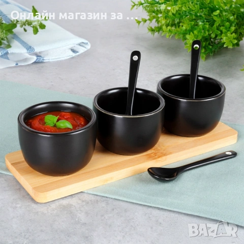 Комплект от 3 керамични купи с лъжици върху бамбуков поднос, 21,5x6,5x5,5 см, черни 139686, снимка 3 - Прибори за хранене, готвене и сервиране - 53230864