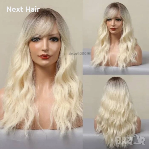 Светло руса омбре чуплива перука 60 см с тъмни корени и бретон, снимка 2 - Аксесоари за коса - 52897976