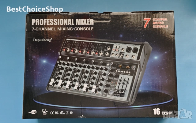 Професионален аудио миксер Depusheng, 7-канален аудио интерфейс, 16-битов DSP DJ Bluetooth миксер, снимка 2 - Аудиосистеми - 54102265
