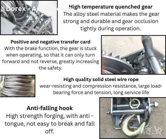 Ръчна лебедка със стоманено въже и автоматична спирачка - 900 кг, 10 м, снимка 7 - Аксесоари и консумативи - 53857805