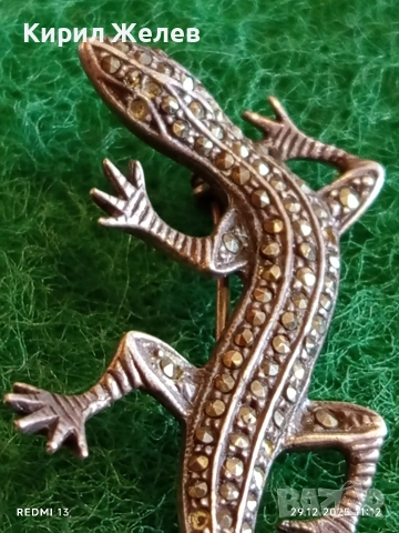 Артистчна сребърна брошка с Маркезит във формата на гущер/саламандър 49738, снимка 3 - Колиета, медальони, синджири - 52925918