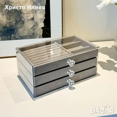 Голяма кутия за бижута с 3 чекмеджета с кадифена подплата Бежова Сива, снимка 9 - Други - 48179879