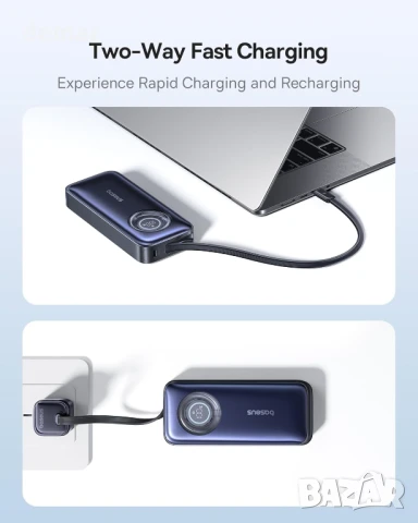 Baseus външна батерия 20 000 mAh вграден прибиращ се USB-C кабел, 67 W, снимка 3 - Външни батерии - 51177092