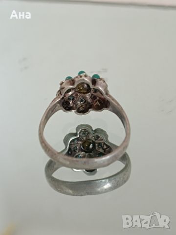 Красив сребърен пръстен с циркони и тюркоаз , снимка 3 - Пръстени - 46246388