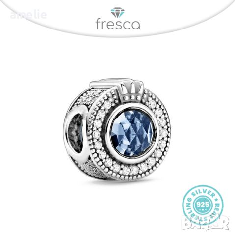 Талисман Fresca по модел тип Пандора сребро 925 Pandora Sparkling Blue Crown O. Колекция Amélie, снимка 1 - Гривни - 37984226