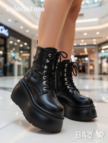 Боти на платформа - черна кожа - 56WL16

, снимка 1 - Дамски боти - 40609436