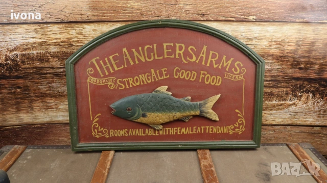 3D дървена табела "The Anglers Arms" Британски пъб бар, Реклама на "Strongable Good Food"
